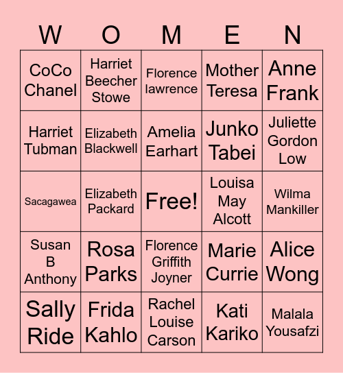 Women In History Bingo Card