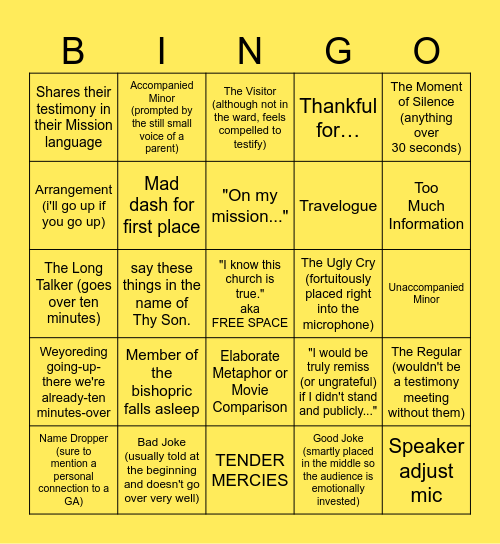 The OG Testimony Bingo Card