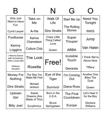 80's Bingo Party Bingo Card