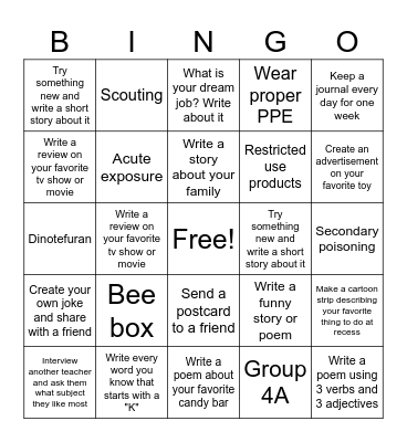 Writing Bingo Card