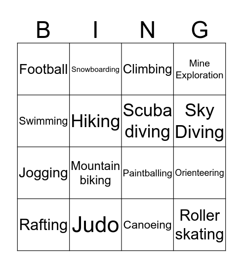 Activities Bingo Card