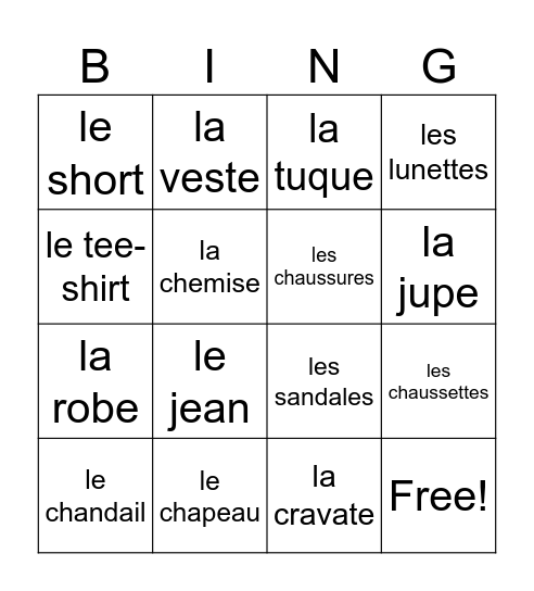 Les vêtements Bingo Card