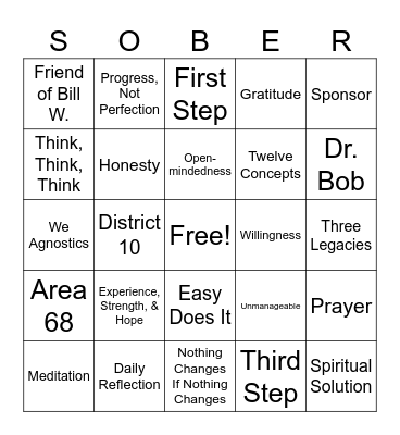A A Bingo/SOBER Bingo Card