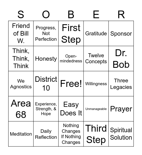 A A Bingo/SOBER Bingo Card