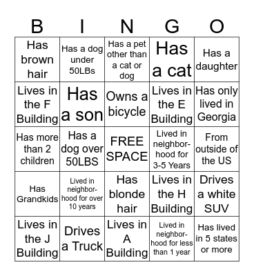 Neighborhood Mingle Bingo  Bingo Card