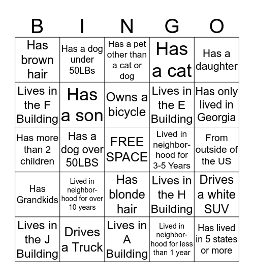 Neighborhood Mingle Bingo  Bingo Card
