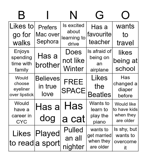 GETTING TO KNOW YOU! Bingo Card
