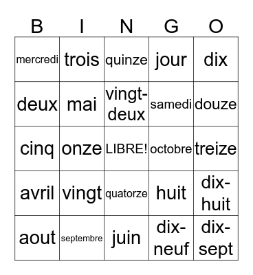 ADDISON'S BINGO FRANCAIS Bingo Card