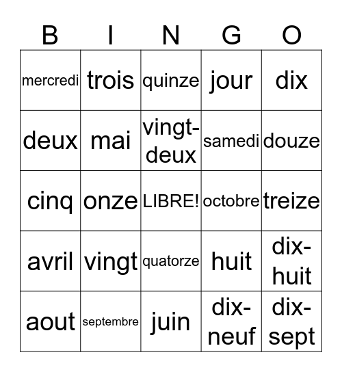 ADDISON'S BINGO FRANCAIS Bingo Card