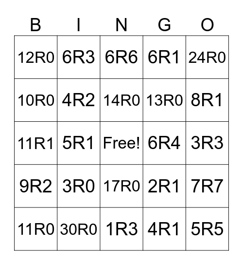 Division with Remainders Bingo Card