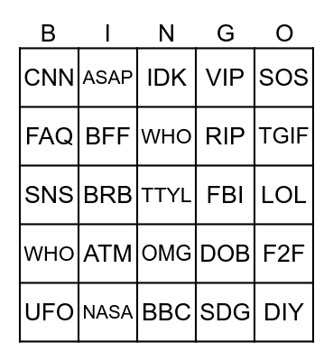 GRADE 2 ACRONYM BINGO TIME! Bingo Card