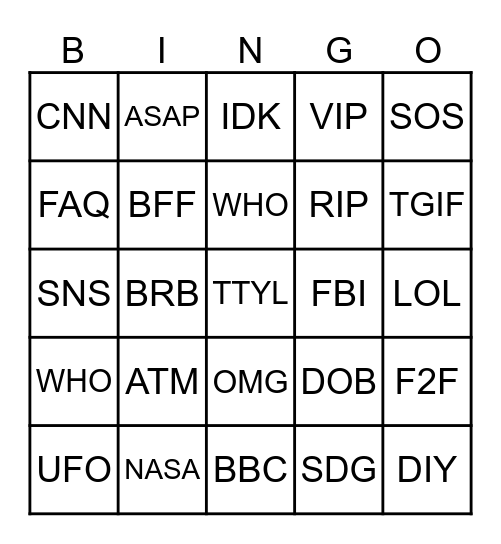 GRADE 2 ACRONYM BINGO TIME! Bingo Card