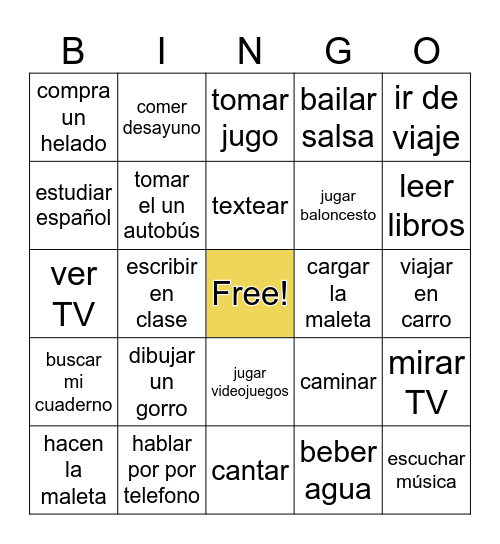 Verbos en Español Bingo Card