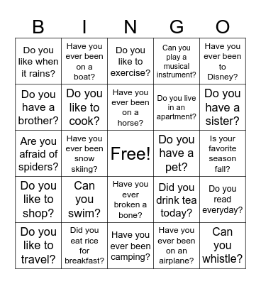 Getting to Know You! Bingo Card