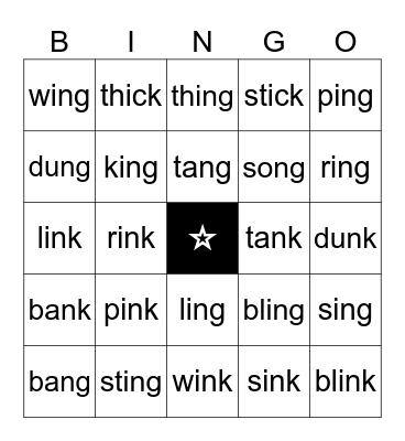 ng &nk sounds Bingo Card