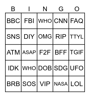 GRADE 2 ACRONYM BINGO TIME! Bingo Card