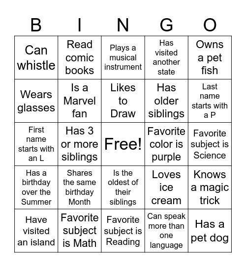 Let's Mingle! Find a classmate who. . . Bingo Card