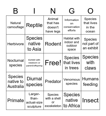 Bronx Zoo Bingo Card