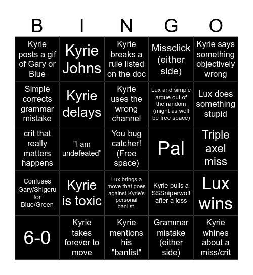 Lux vs Kyrie bingo board Bingo Card