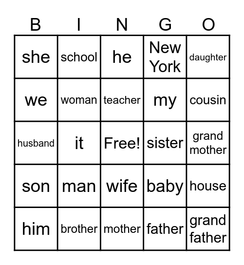 Nouns and Pronouns Bingo Card