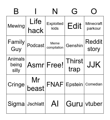 YT Shorts Bingo Card