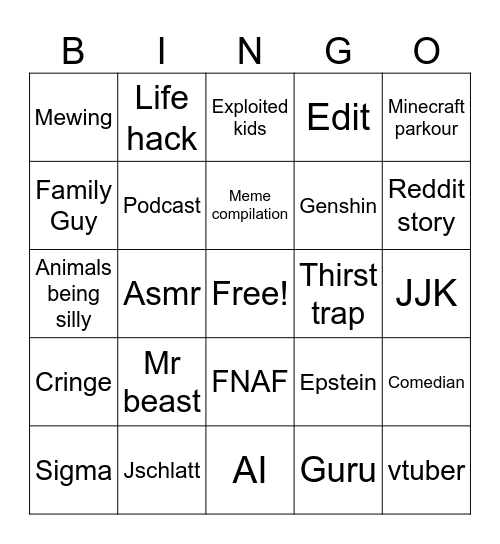 YT Shorts Bingo Card