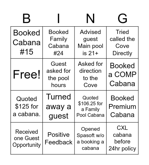 THE COVE Bingo Card