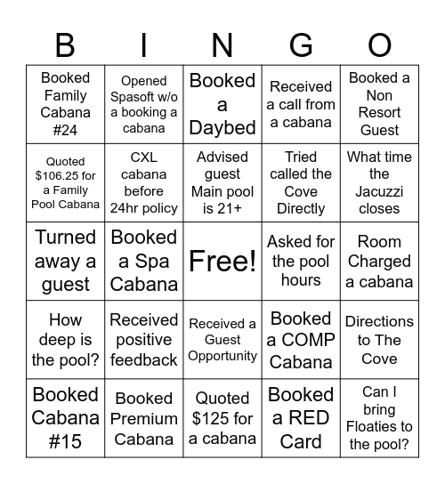 THE COVE Bingo Card