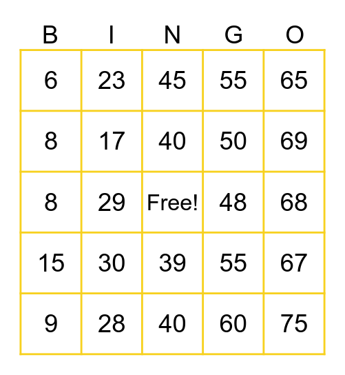 Number Bingo 1-75 Bingo Card