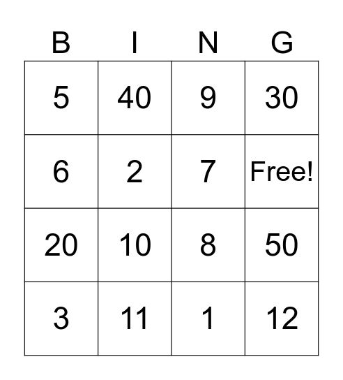 Numbers Bingo Card