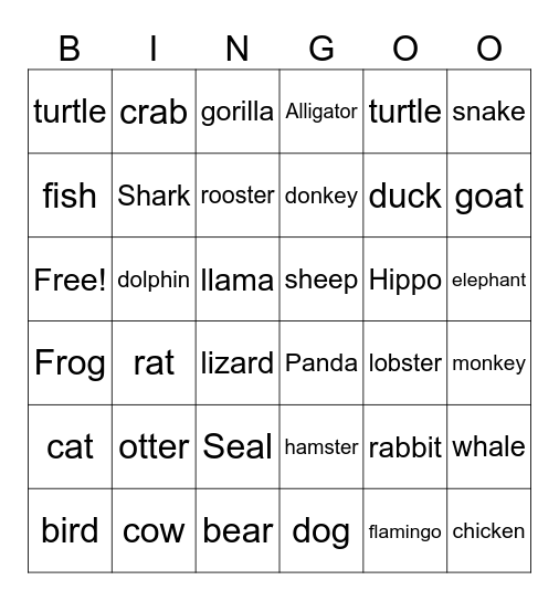 Different Types of Animals vocabulary Bingo Card