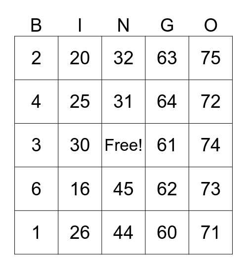 Number Bingo Card