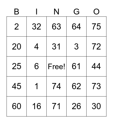 Number Bingo Card
