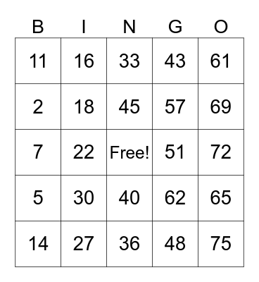 Number Bingo Card