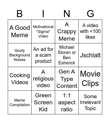 YouTube Shorts Bingo Card