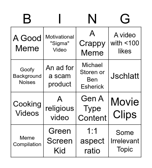 YouTube Shorts Bingo Card