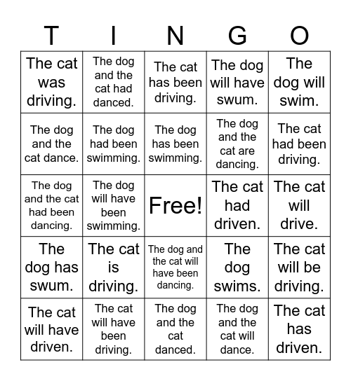 12 Tenses Bingo Card