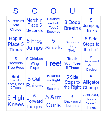 Cub Scout Exercise Bingo Card
