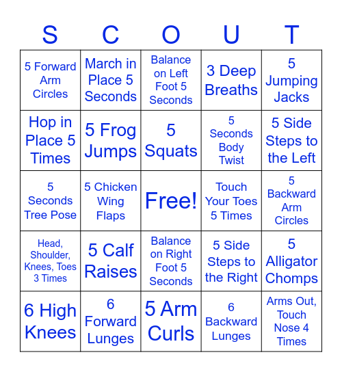 Cub Scout Exercise Bingo Card