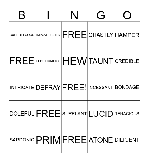 Vocabulary Level D Unit 6 Bingo Card