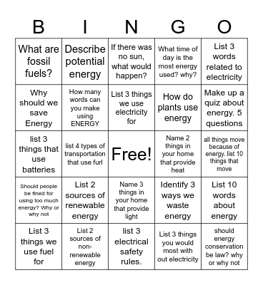 Energy Bingo Card