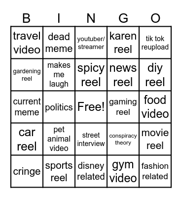 Instagram reel bingo Card