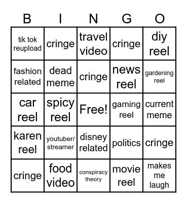 Instagram reel bingo Card