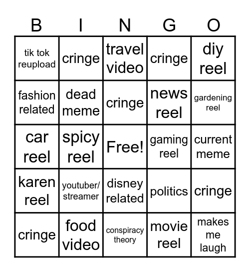 Instagram reel bingo Card