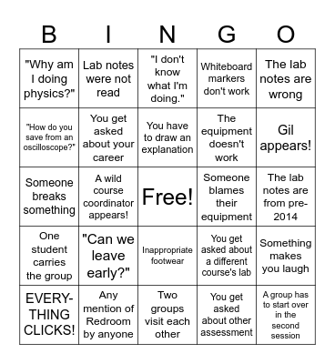Physics Lab Tutor Bingo Card