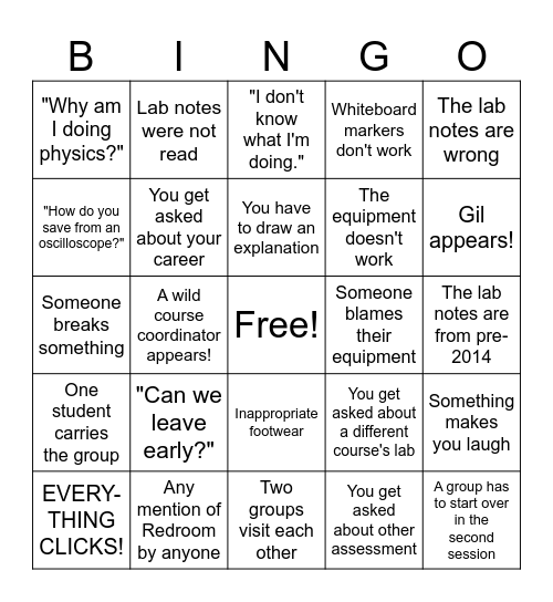 Physics Lab Tutor Bingo Card