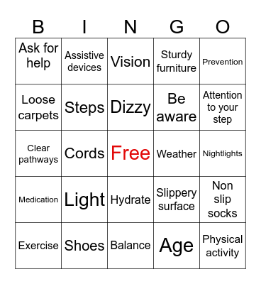 Fall Prevention Bingo Card