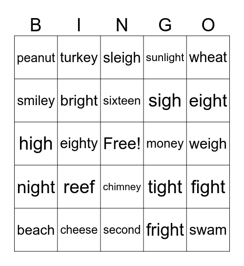 Spelling Word Bingo Card