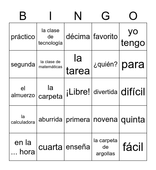 En la escuela Bingo Card