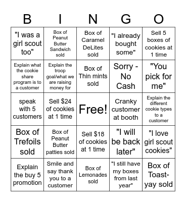 Girl Scout Cookie Booth Bingo Card